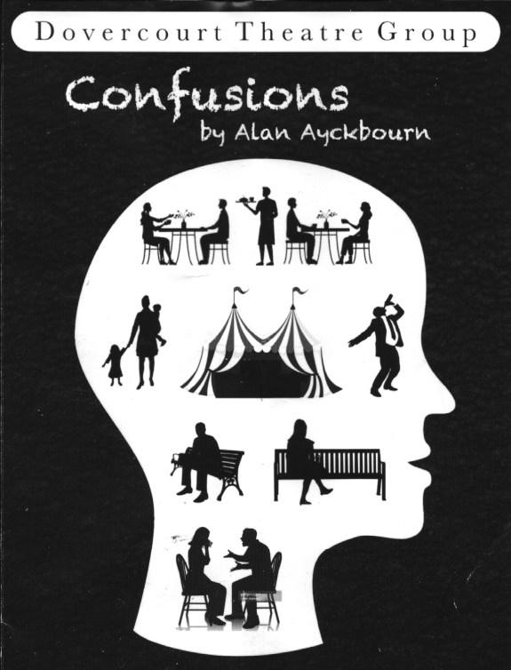 Poster image for 'Confusions'.  Monochrome, dark background, white human head shape in profile, framing multiple black and white silhouette images: a waiter serving two tables; a mother with her children; a marquee; a man drinking from a bottle; two figures sitting on separate park benches; a man and woman sitting facing each other and arguing.