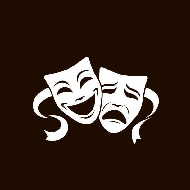Traditional pair of theatrical masks representing Comedy and Tragedy, in white on a black background.