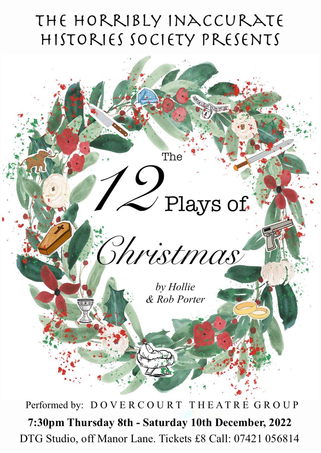 Picture of a Christmas wreath, adorned with various objects representing 12 plays. Title: The 12 Plays of Christmas