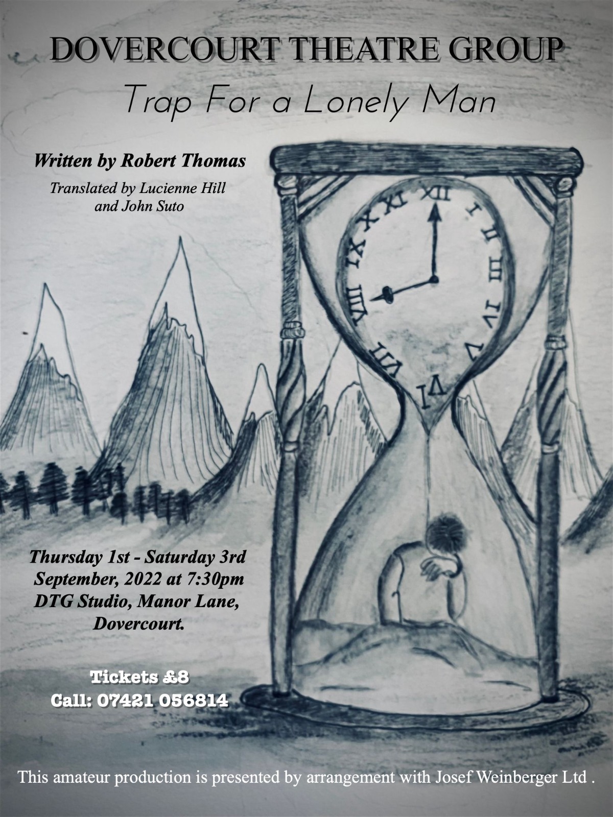 Poster image. Pencil drawing: a background of snow-capped mountains; in the foreground, a huge hourglass with a clock in the upper part dissolving into sand which is smothering a male figure trapped below.